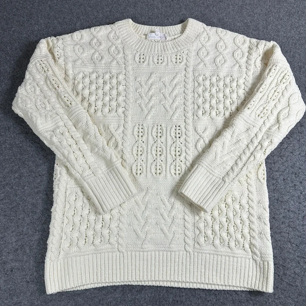 Hazel Moon Womens Cream Chenille‎ Cable Knit Sweater Crewneck Small Ivory